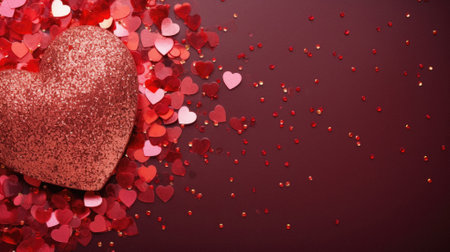Valentine's day background with red hearts and confetti.の素材