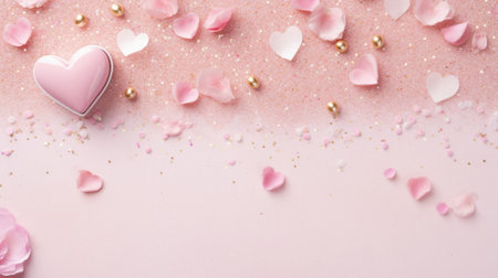 Valentine's day background with pink rose petals, hearts and confetti.の素材