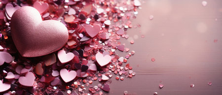 Valentine's Day background with pink hearts and confetti.の素材