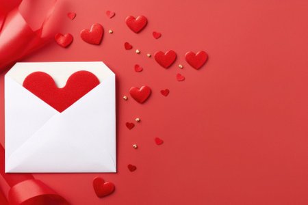 Valentine's day love letter with red hearts on red background.の素材