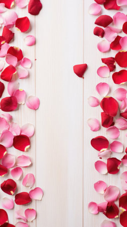 Rose petals on white wooden background. Copy space. Top view.の素材