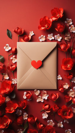 Envelope with heart and flowers on red background, top view.の素材