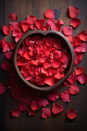 Red rose petals in a wooden bowl on a dark wooden background.の素材