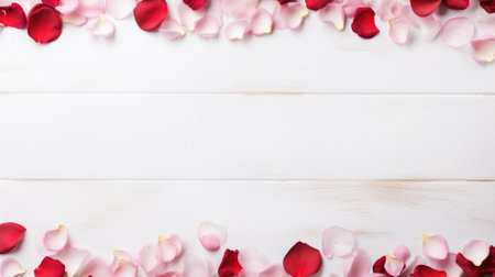 Red rose petals on white wooden background. Top view with copy space.の素材