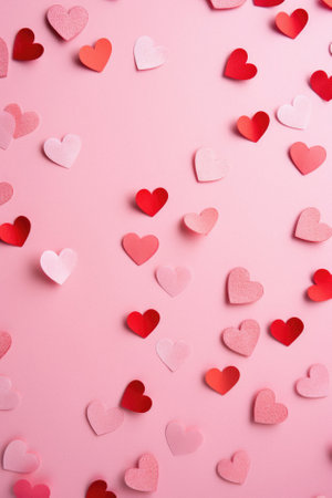 Valentine's day background with red and white hearts on pink background.の素材