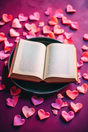 Open book and red hearts on a pink background. Valentine's Day.の素材