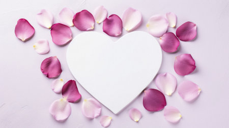 White heart and rose petals on a white background. Top view.の素材