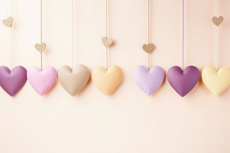 Colorful hearts hanging on a rope on background with copy space.の素材