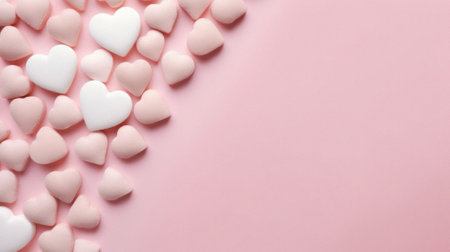 Valentine's day background with white and pink hearts on pink background.の素材
