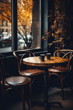 Wooden cafe table bokeh background, empty wood desk restaurant tabletop counter in bar or coffee shop surface product display mockup with blurry city lights backdrop presentation. Mock up, copy space.の素材