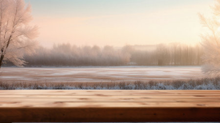 Wooden table snowy trees winter nature bokeh background, empty wood desk product display mockup snow landscape blurry abstract backdrop ads showcase Christmas time presentation. Mock up, copy space.の素材