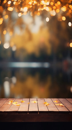 Empty blank wooden table fall background with autumn trees orange yellow color leaves backdrop forest or park nature scene abstract blurred bokeh tabletop for product display desk mockup. Copy space.の素材