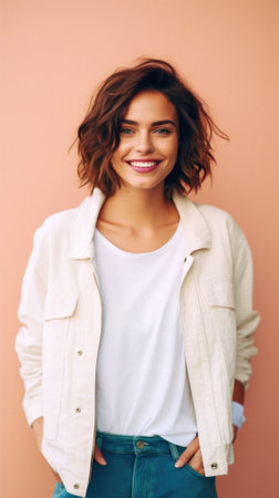 Young happy woman, smiling gen z girl model wearing tshirt looking at camera standing on color background. Face skin care cosmetics makeup, fashion ads. Beauty portrait. White t-shirt mock up template.の素材