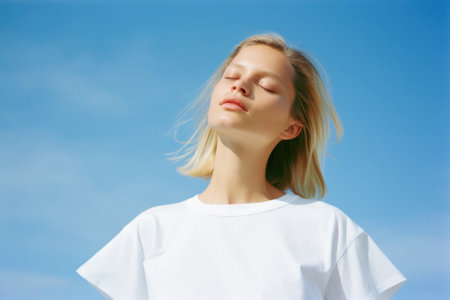 Young adult pretty woman beauty model wearing white t-shirt posing with eyes closed on color background. Face flawless fresh skin hair care cosmetic treatment makeup products skincare ads.の素材