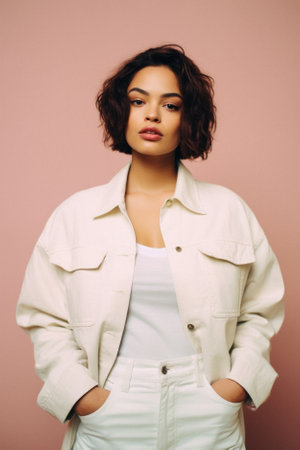 Young cool Latin woman hipster gen z model wearing mockup tshirt looking at camera on color background. Face skin care cosmetics makeup, fashion ads. Beauty portrait. White t-shirt mock up template.の素材