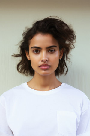Young cool Latin woman hipster gen z model wearing mockup tshirt looking at camera on color background. Face skin care cosmetics makeup, fashion ads. Beauty portrait. White t-shirt mock up template.の素材