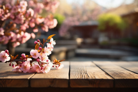 Wooden table spring nature bokeh background, empty wood desk product display mockup with green park sunny blurry abstract garden backdrop landscape ads showcase presentation. Mock up, copy space.の素材