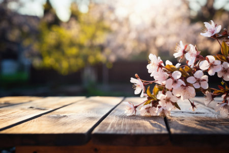 Wooden table spring nature bokeh background, empty wood desk product display mockup with green park sunny blurry abstract garden backdrop landscape ads showcase presentation. Mock up, copy space.の素材