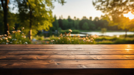 Wooden table spring nature bokeh background, empty wood desk product display mockup with green park sunny blurry abstract garden backdrop landscape ads showcase presentation. Mock up, copy space.の素材