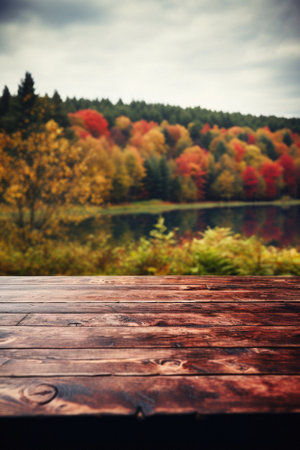 Empty blank wooden table fall background with autumn trees orange yellow color leaves backdrop forest or park nature scene abstract blurred bokeh tabletop for product display desk mockup. Copy space.の素材