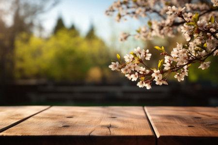 Wooden table spring nature bokeh background, empty wood desk product display mockup with green park sunny blurry abstract garden backdrop landscape ads showcase presentation. Mock up, copy space.の素材