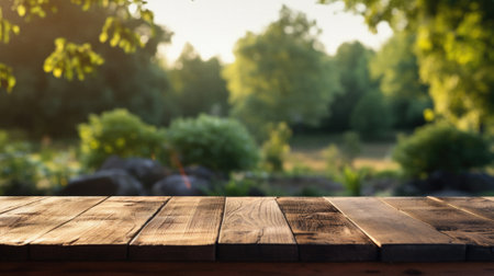 Wooden table spring nature bokeh background, empty wood desk product display mockup with green park sunny blurry abstract garden backdrop landscape ads showcase presentation. Mock up, copy space.の素材