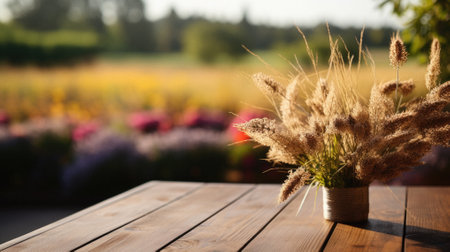 Wooden table spring nature bokeh background, empty wood desk product display mockup with green park sunny blurry abstract garden backdrop landscape ads showcase presentation. Mock up, copy space.の素材