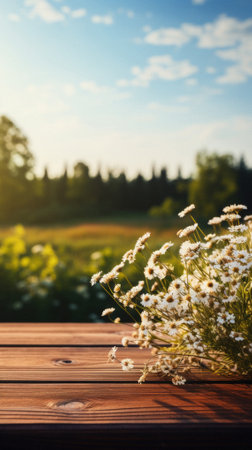 Wooden table spring nature bokeh background, empty wood desk product display mockup with green park sunny blurry abstract garden backdrop landscape ads showcase presentation. Mock up, copy space.の素材