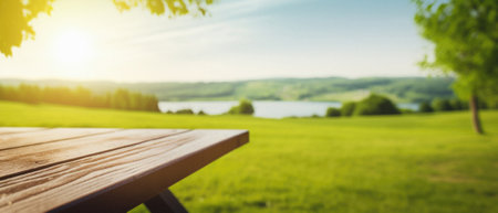 Wooden table spring nature bokeh background, empty wood desk product display mockup with green park sunny blurry abstract garden backdrop landscape ads showcase presentation. Mock up, copy space.の素材