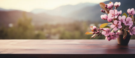 Wooden table spring nature bokeh background, empty wood desk product display mockup with green park sunny blurry abstract garden backdrop landscape ads showcase presentation. Mock up, copy space.の素材