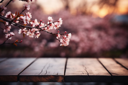 Wooden table spring nature bokeh background, empty wood desk product display mockup with green park sunny blurry abstract garden backdrop landscape ads showcase presentation. Mock up, copy space.の素材