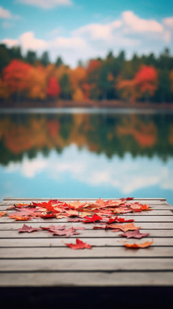 Empty blank wooden table fall background with autumn trees orange yellow color leaves backdrop forest or park nature scene abstract blurred bokeh tabletop for product display desk mockup. Copy space.の素材
