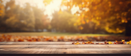 Empty blank wooden table fall background with autumn trees orange yellow color leaves backdrop forest or park nature scene abstract blurred bokeh tabletop for product display desk mockup. Copy space.の素材