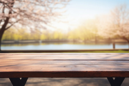 Wooden table spring nature bokeh background, empty wood desk product display mockup with green park sunny blurry abstract garden backdrop landscape ads showcase presentation. Mock up, copy space.の素材