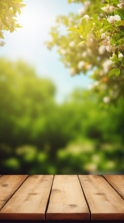 Wooden table spring nature bokeh background, empty wood desk product display mockup with green park sunny blurry abstract garden backdrop landscape ads showcase presentation. Mock up, copy space.の素材