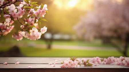 Wooden table spring nature bokeh background, empty wood desk product display mockup with green park sunny blurry abstract garden backdrop landscape ads showcase presentation. Mock up, copy space.の素材