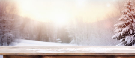 Wooden table snowy trees winter nature bokeh background, empty wood desk product display mockup snow landscape blurry abstract backdrop ads showcase Christmas time presentation. Mock up, copy space.の素材
