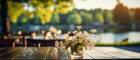 Wooden table spring nature bokeh background, empty wood desk product display mockup with green park sunny blurry abstract garden backdrop landscape ads showcase presentation. Mock up, copy space.の素材