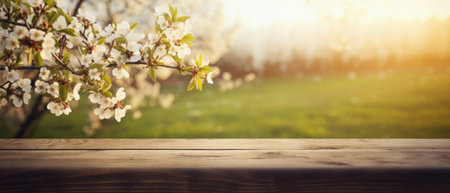 Wooden table spring nature bokeh background, empty wood desk product display mockup with green park sunny blurry abstract garden backdrop landscape ads showcase presentation. Mock up, copy space.の素材