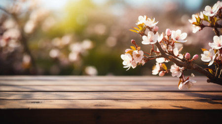 Wooden table spring nature bokeh background, empty wood desk product display mockup with green park sunny blurry abstract garden backdrop landscape ads showcase presentation. Mock up, copy space.の素材