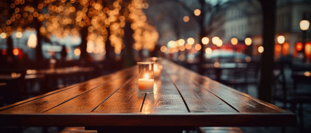 Wooden cafe table bokeh background, empty wood desk restaurant tabletop counter in bar or coffee shop surface product display mockup with blurry city lights backdrop presentation. Mock up, copy space.の素材