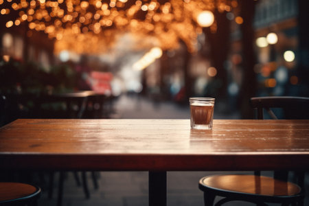 Wooden cafe table bokeh background, empty wood desk restaurant tabletop counter in bar or coffee shop surface product display mockup with blurry city lights backdrop presentation. Mock up, copy space.の素材