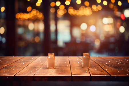 Wooden cafe table bokeh background, empty wood desk restaurant tabletop counter in bar or coffee shop surface product display mockup with blurry city lights backdrop presentation. Mock up, copy space.の素材