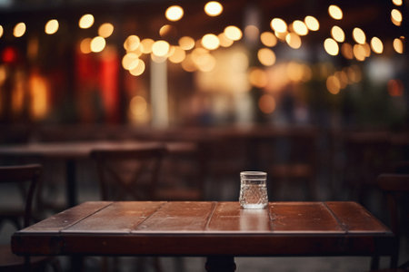 Wooden cafe table bokeh background, empty wood desk restaurant tabletop counter in bar or coffee shop surface product display mockup with blurry city lights backdrop presentation. Mock up, copy space.の素材