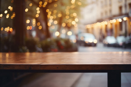Wooden cafe table bokeh background, empty wood desk restaurant tabletop counter in bar or coffee shop surface product display mockup with blurry city lights backdrop presentation. Mock up, copy space.の素材