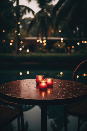 Wooden table pool bokeh background, empty wood desk product display mockup with blurry tropical hotel resort abstract poolside summer travel backdrop advertising presentation. Mock up, copy space.の素材