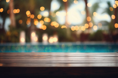 Wooden table pool bokeh background, empty wood desk product display mockup with blurry tropical hotel resort abstract poolside summer travel backdrop advertising presentation. Mock up, copy space.の素材