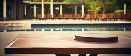 Wooden table pool bokeh background, empty wood desk product display mockup with blurry tropical hotel resort abstract poolside summer travel backdrop advertising presentation. Mock up, copy space.の素材