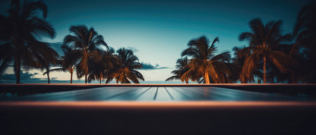 Wooden table pool bokeh background, empty wood desk product display mockup with blurry tropical hotel resort abstract poolside summer travel backdrop advertising presentation. Mock up, copy space.の素材