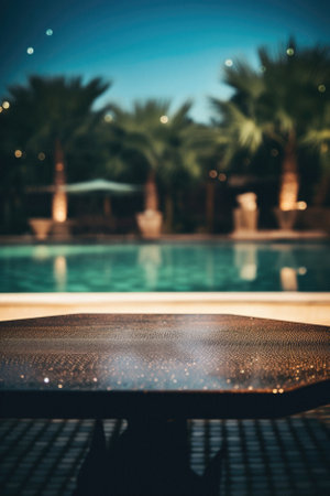 Wooden table pool bokeh background, empty wood desk product display mockup with blurry tropical hotel resort abstract poolside summer travel backdrop advertising presentation. Mock up, copy space.の素材